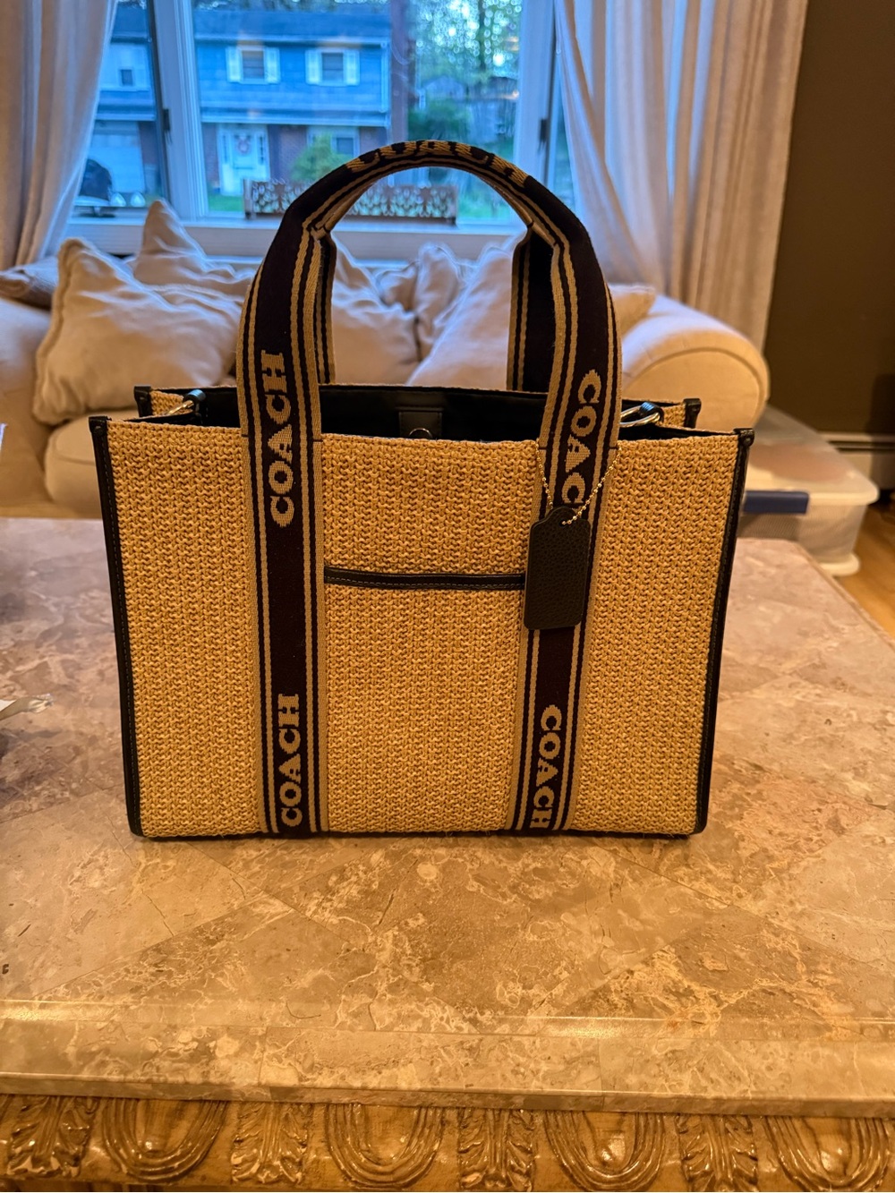 COACH Smith Tote Bag CAL88 Toast Black 2way Crossbody Straw Pebble Leather
